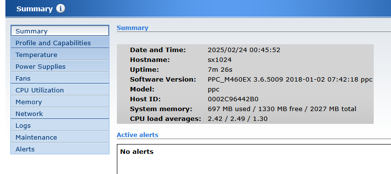 Mellanox Onyx management console summary page showing software version 3.6.5009