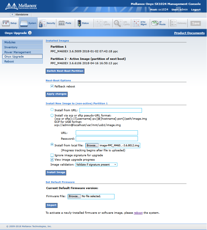 Onyx Upgrade page showing installed partitions and install-from-file option with 3.6.8012 image selected