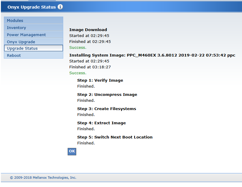 Onyx Upgrade Status page showing successful installation of 3.6.8012